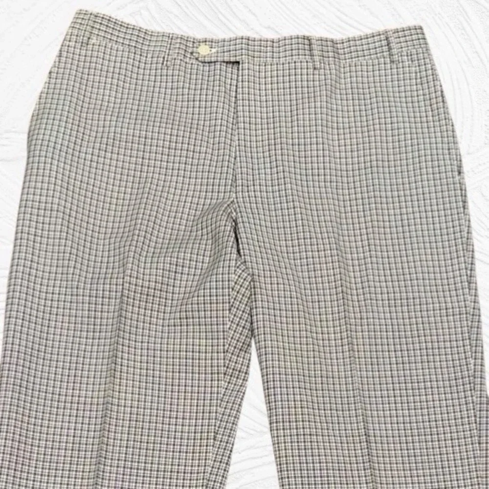 Canali‎ Dress Pants Mens 35X31.5 Black Cream Plaid Wool Flat Front Italy Classic